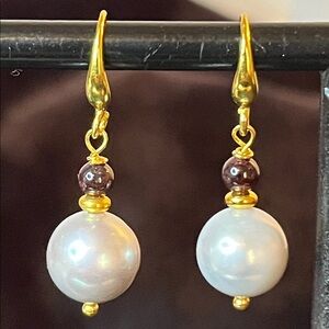18k Yellow Gold over 925 Silver Silver Pearl & Garnet Earrings